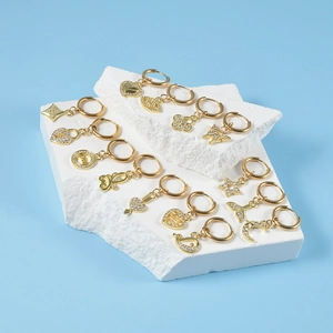 Gold-plated stainless steel hoop earring set with zircon star moon and heart charms