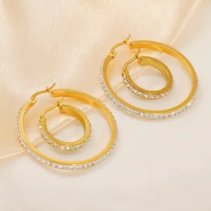 Classic 18k gold plated hoop earrings with rows of sparkling white zircons in two sizes
