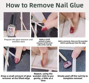 Step-by-step tutorial for removing press-on nails using debonder liquid and wood stick