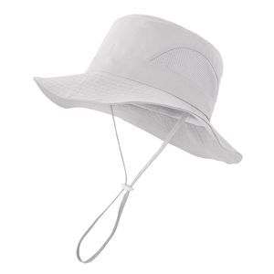 Detail of light grey kids sun hat featuring breathable mesh sides and adjustable chin strap