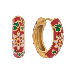 Detailed close-up of golden hoop earrings with red enamel and white floral patterns