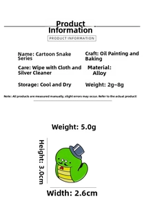 Macro detail of cartoon green snake enamel pin with dimensions and material specs