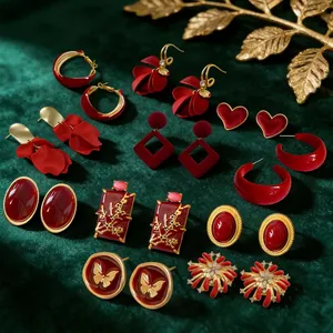 Vintage Red Gold Alloy Earrings With Silver Earring Post Rhinestone Flower Heart Geometric Festive Jewelry For Women