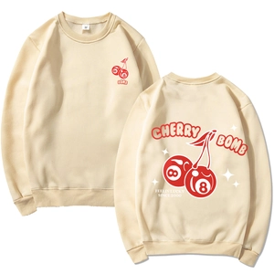 Beige crewneck sweatshirt with Cherry Bomb print showing front and back view