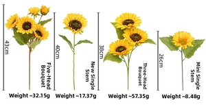Size chart for artificial sunflowers showing height and weight for various bunch styles