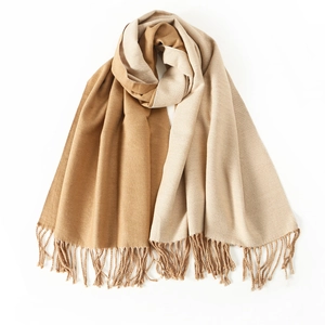 Two-tone light brown and beige faux rabbit fur scarf with soft tassel details
