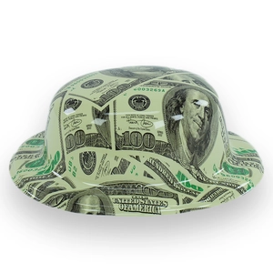 Detail of high-gloss safety hat featuring a creative US dollar bill all-over print design