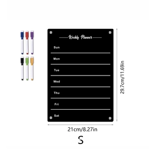 Detailed view of black magnetic acrylic weekly planner with 6 colorful pens and dimensions