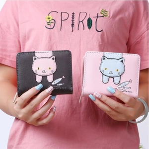 Short PU leather wallet with cute cartoon cat print and zipper for women in black and pink