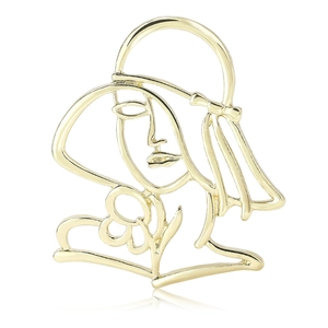 Artistic gold portrait brooch featuring an abstract female profile with hat for suits