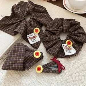 Brown plaid fabric hair accessories set with yellow button and cute dog patch