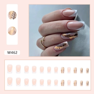 French tip press-on nails with leaf pattern and gold leaf accents, 24-piece set