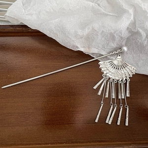 Silver metal hair stick with folding fan design, white pearl, and dangling tassels