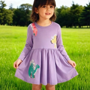Vestito Maniche Lunghe Bimba Cotone Viola Ricamo Dinosauro Outfit Principessa Casual Carino