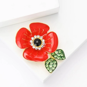 Exquisite red enamel poppy flower brooch with sparkling rhinestones on gold alloy base