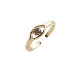 Close-up of gold-plated evil eye ring with sparkling cubic zirconia inlay detail