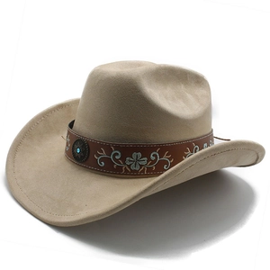 Detail of khaki suede cowboy hat with turquoise clover embroidery on brown leather band
