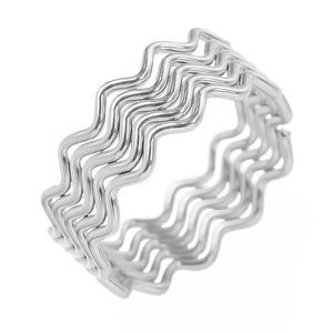 Detailed close-up of a silver multi-layer wave ring with polished intertwining bands