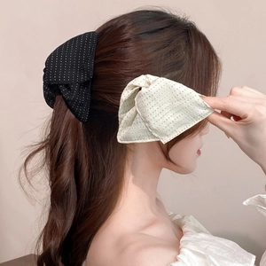 Polka dot acrylic triangle hair claw clip in minimalist black and beige fabric style
