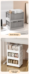 Foldable storage bin with ventilation holes and optional wheels for desk organization