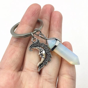 Natural Crystal Stone Keychain Sun Moon Charm Hexagonal Pillar Pendant Car Bag Hanging Accessory Boho