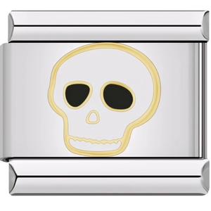 Detail of square stainless steel charm with white enamel skull and gold trim
