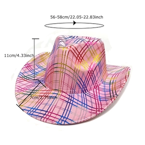 Pink striped cowboy hat with metallic finish and size specs for party decoration
