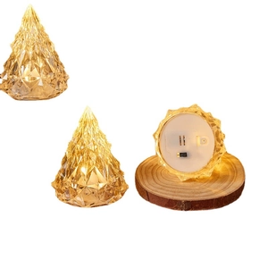 Faceted crystal LED Christmas tree night light with warm glow and wooden base