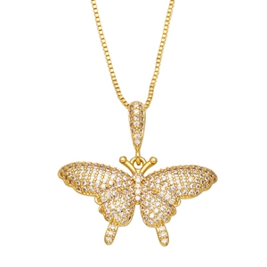 Elegant gold butterfly necklace with micro-pave white zircon stones on a box chain link