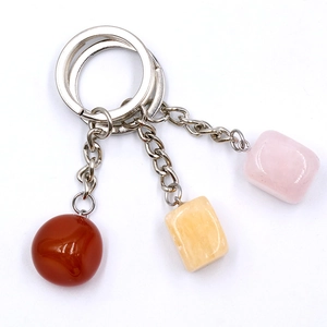 Natural crystal agate stone keychain with irregular pendants in red, yellow and pink colors