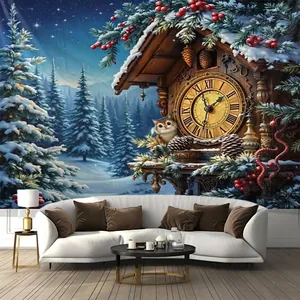 Christmas Tapestry Wall Hanging Polyester Backdrop Winter Snow Scene Cuckoo Clock Village Landscape Holiday Decor