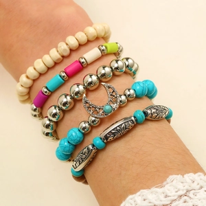 Bohemian multi-layer stretch bracelet set with turquoise beads and moon pendant