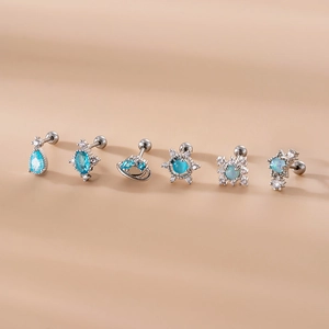 Set of 6 stainless steel cartilage earrings with blue droplet zircon in silver finish