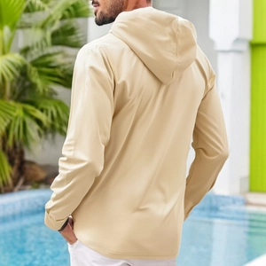 Men's casual long sleeve hooded shirt in beige, stylish outdoor leisure back view