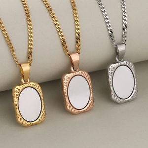 Polished rectangular frame pendants in gold, rose gold and silver on cuban chains