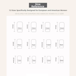 Size chart for square press-on nails showing 12 dimensions for European and American women