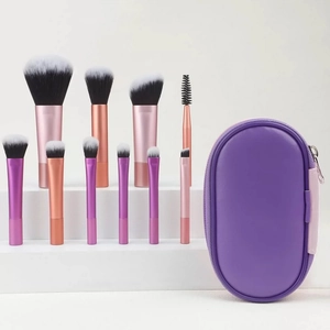 10pcs portable travel makeup brush set with gradient handles and purple zip storage pouch