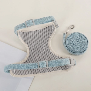 Light blue breathable mesh pet harness and leash set for rabbits and small dogs