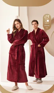 Detail of wine red thick flannel robes for couples with shawl collar and belted waist
