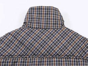 Detail of the high collar and textured plaid pattern on the padded cotton jacket back