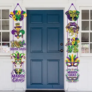 Mardi Gras themed door hangers set with purple green and gold festive decorations