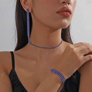 Deep blue rhinestone jewelry set featuring long tassel earrings, choker and wide bracelet