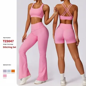 Women's High Elastic Yoga Top And Bottom Criss-Cross Back Sports Bra And High Waist Leggings Quick Dry Activewear Set