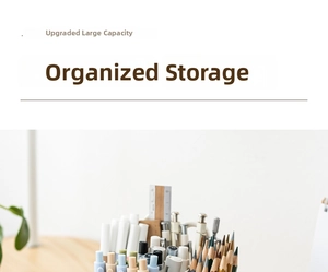 Macro shot of large capacity rotating pencil holder with various office stationery