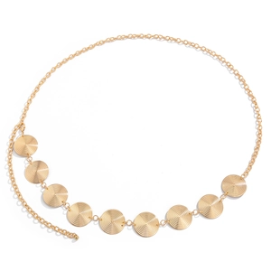 Minimalist gold chain belt with textured geometric metal discs for women's waist