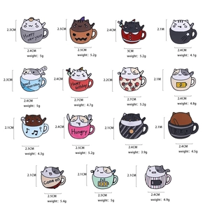 Size chart showing dimensions and weight for 15 cute cartoon cat enamel pins