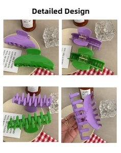 Detail view of large acetate claw clips in purple and green with durable metal springs