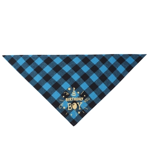 Detail of blue buffalo plaid pet bandana with golden Birthday Boy text and star print