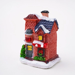 Luminous resin Christmas miniature house with red brick walls and snowy blue roof decor