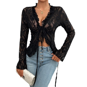 Slim fit black lace long sleeve cardigan with front tie design for women summer